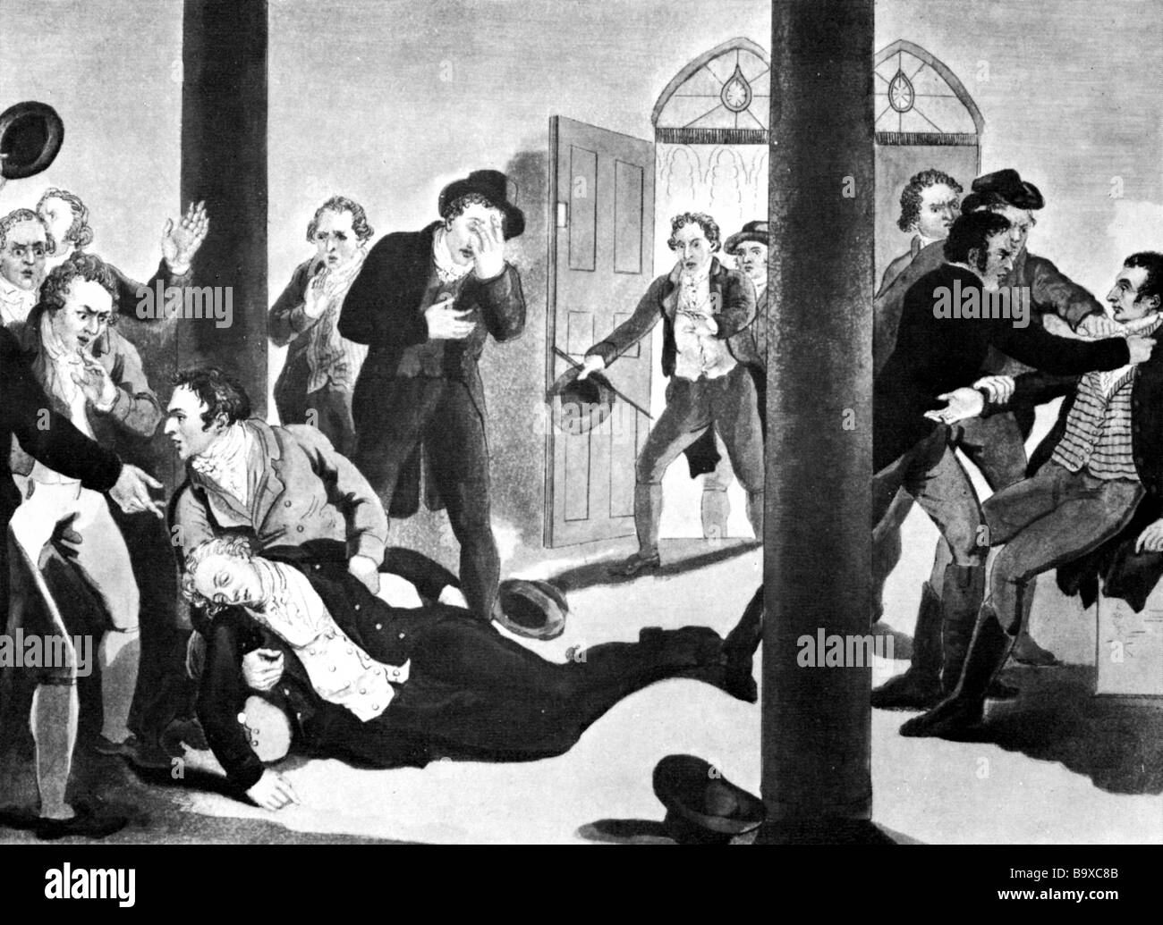 ASSASSINATION OF BRITISH PRIME MINISTER SPENCER PERCIVAL in the lobby of the House of Commons 11 May 1812 Stock Photo