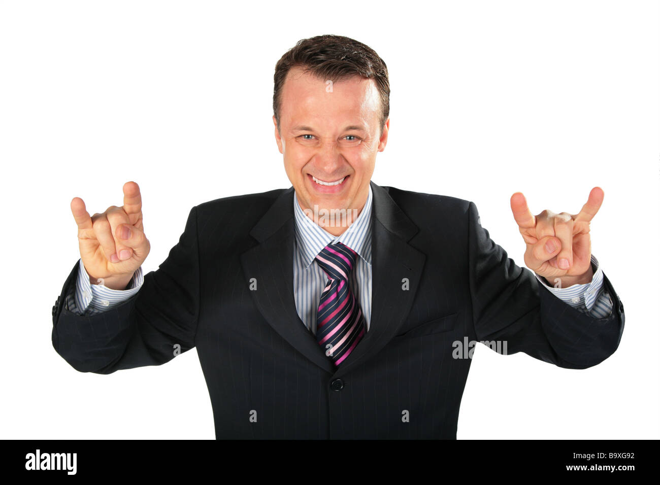businessman represents gangster with spred wide fingers Stock Photo