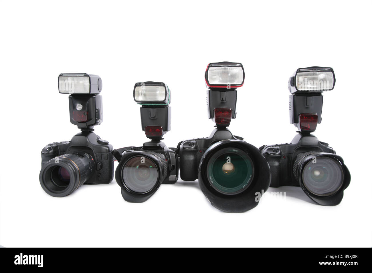 Cameras with flashes on white background Stock Photo - Alamy