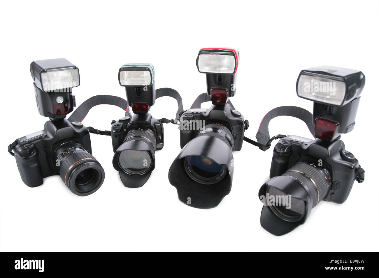 Cameras with flashes on white background in half circle Stock Photo - Alamy