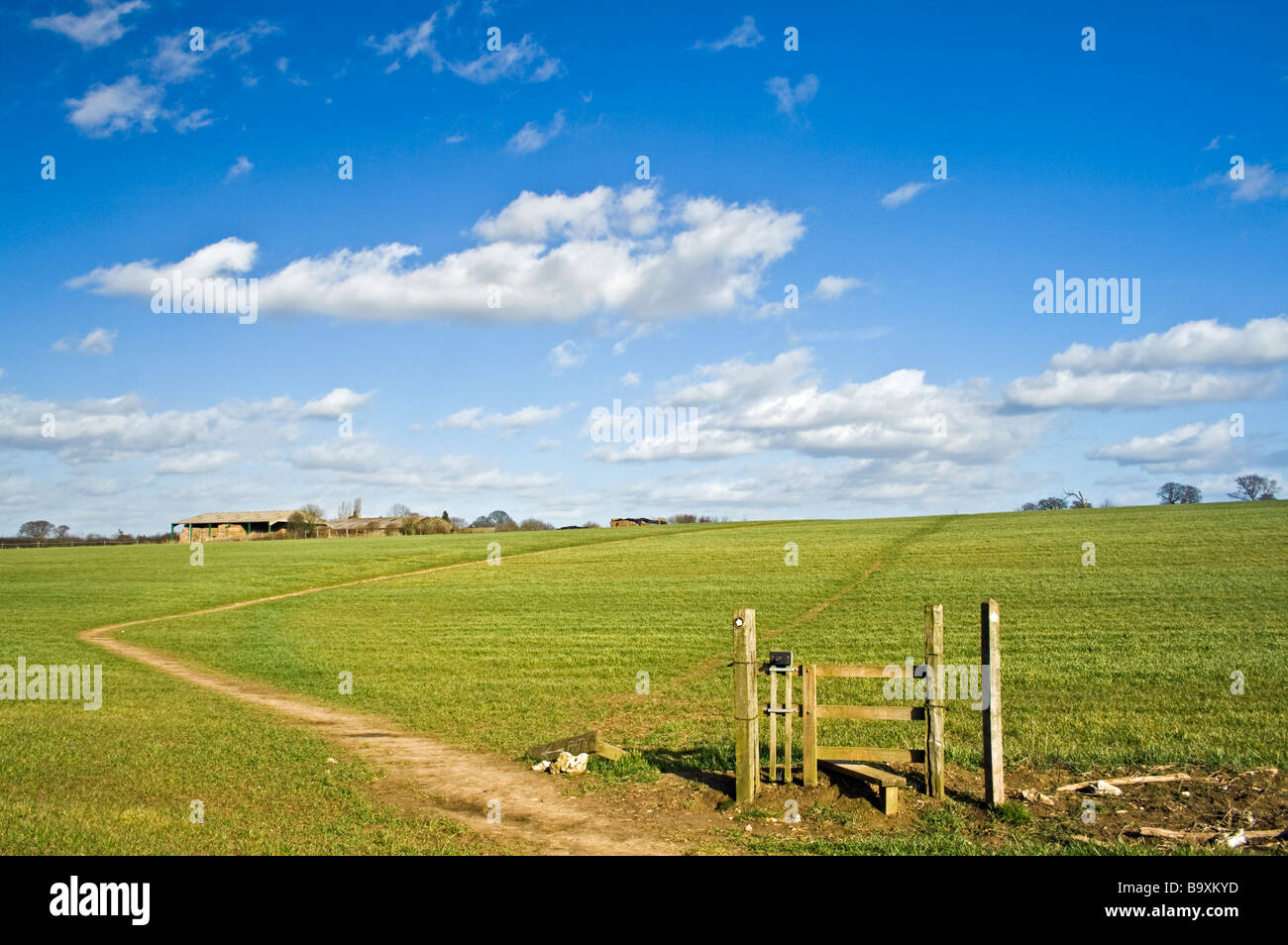 A country stile with no fence. A handwritten sign directing walkers along the correct footpath route.  Currently under threat of development. Stock Photo