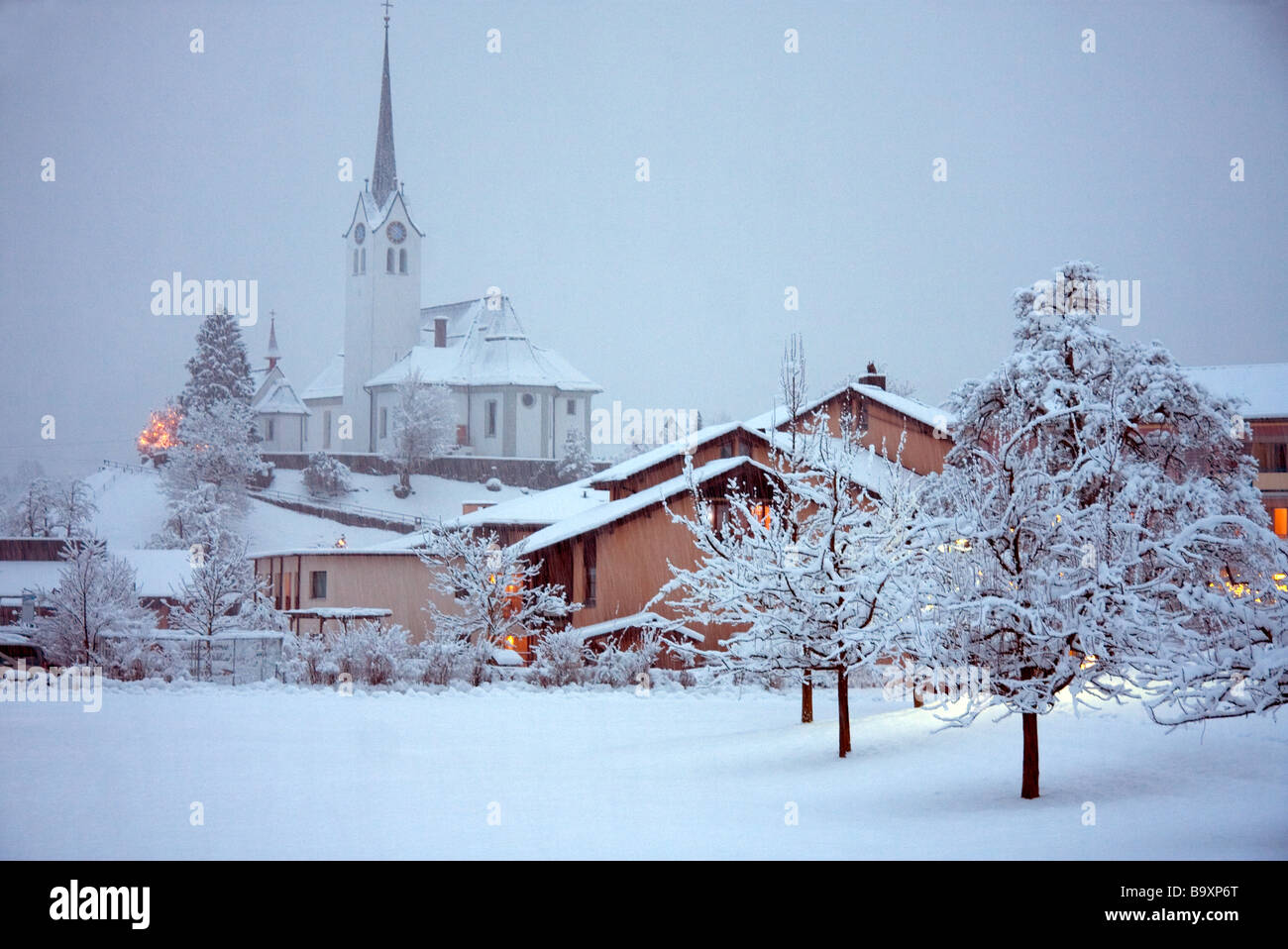 View of snow covered Giswil Switzerland Stock Photo