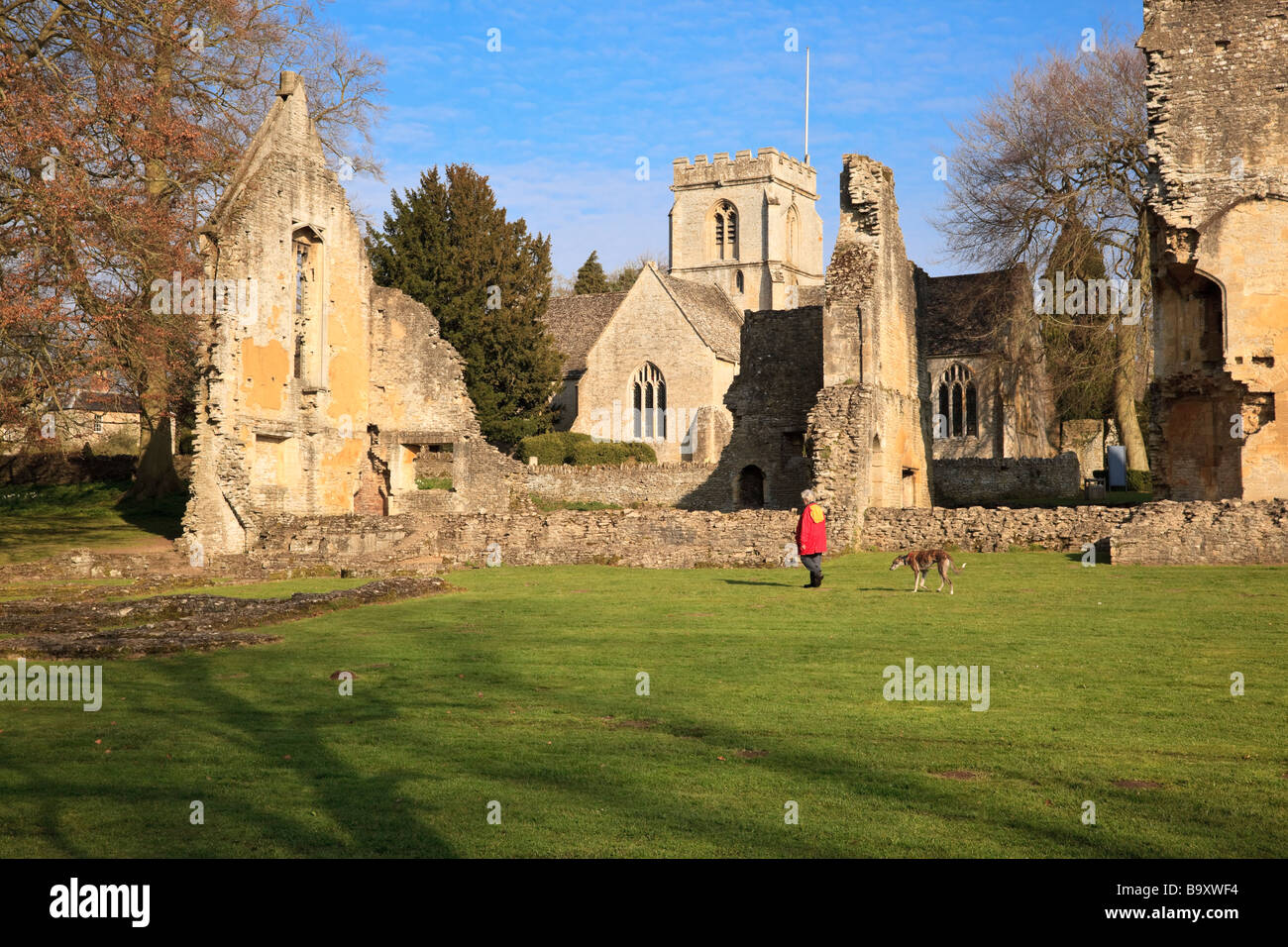 Woman Dog Walker at Minster Lovell Hall, built by Lord William Lovell in  the 1440's, Last Resident was Thomas Coke Cotswolds Oxfordshire Stock Photo  - Alamy