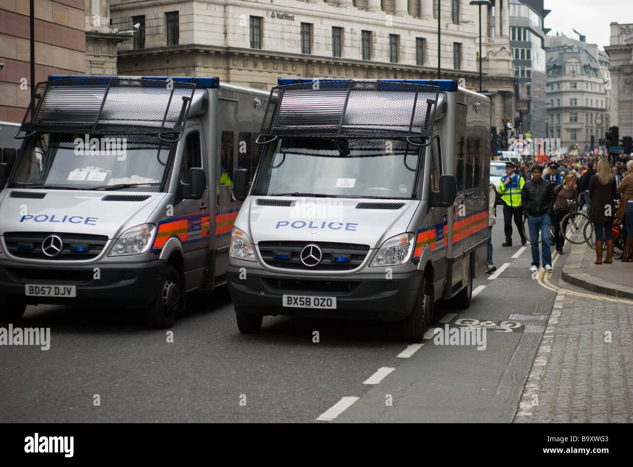 Police vans parked side by side in the City of London during the G20 protests in April 2009. Stock Photo