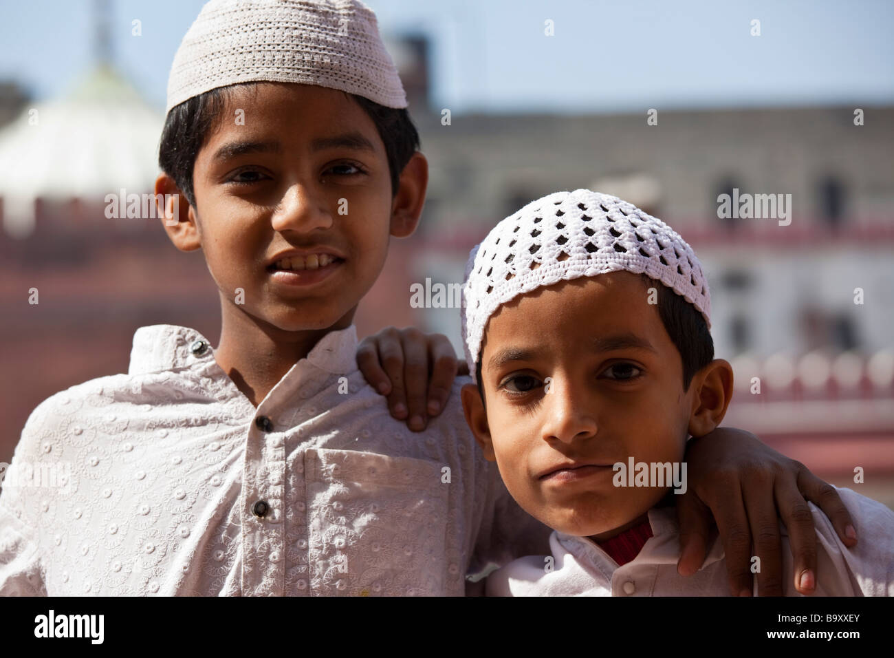 Muslim Boys at the Fatehpuri Mosque in Old Delhi India Stock Photo