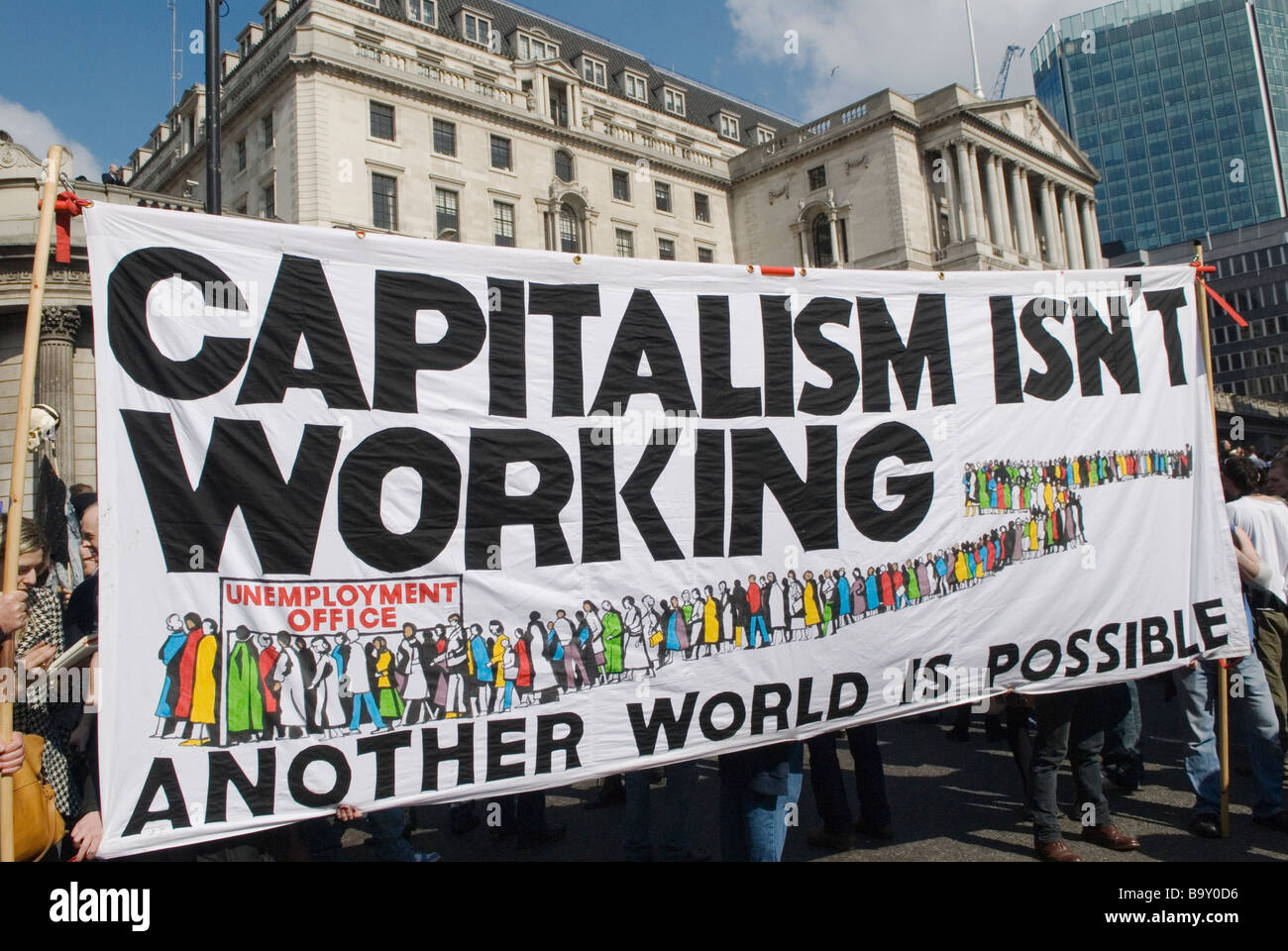 Financial Crisis 2008 2009 Credit Crunch G20 protest outside Bank of England Threadneedle Street London. Capitalism isn't Working 2000s UK HOMER SYKES Stock Photo