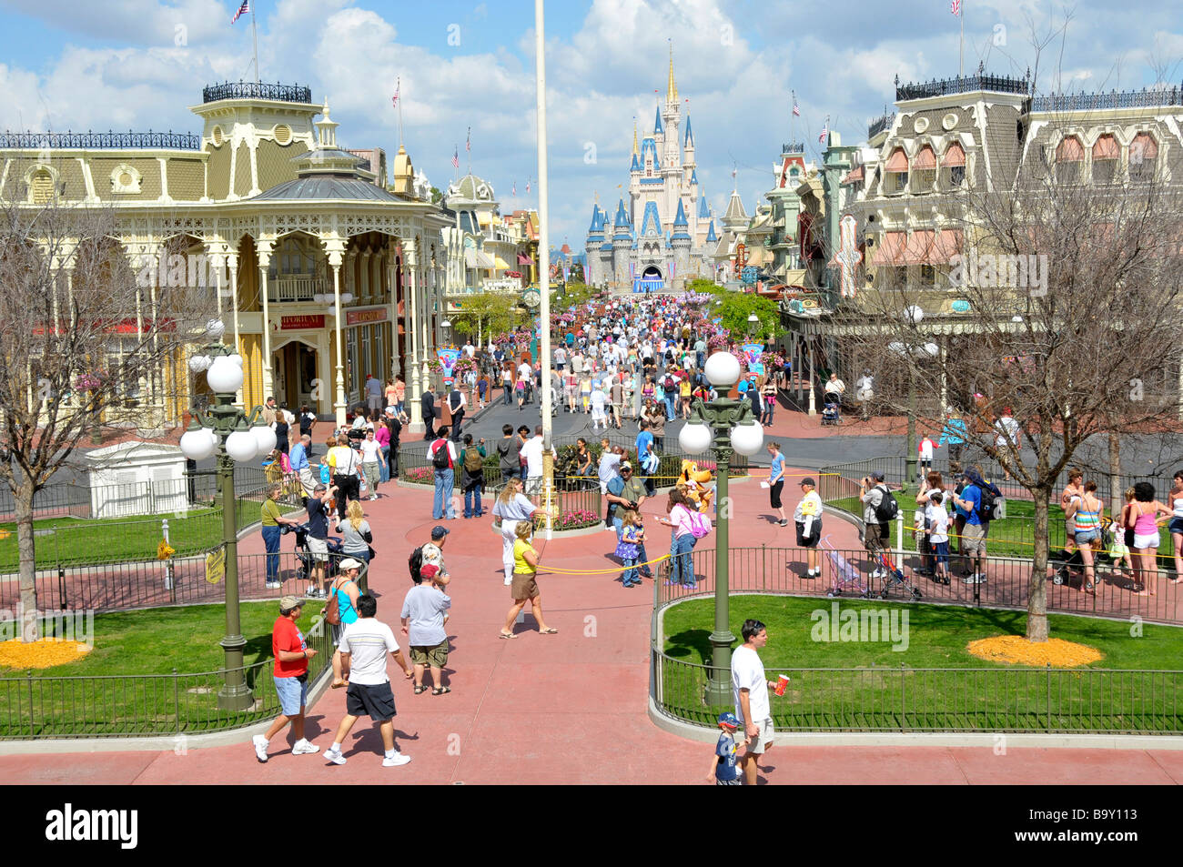View of Main Street at Walt Disney Magic Kingdom Theme Park Orlando Florida Central from the Train Station Stock Photo