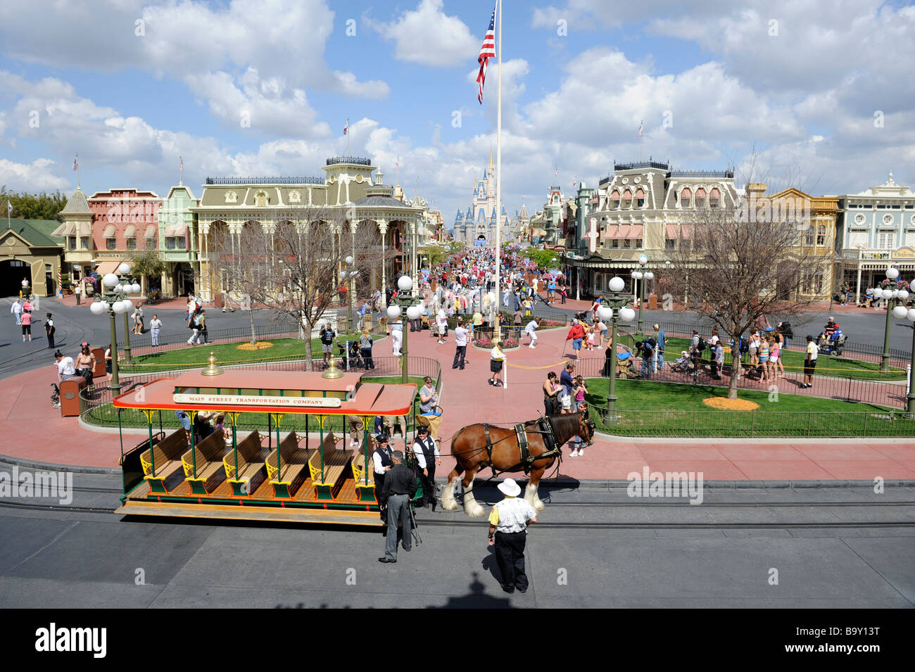 View of Main Street at Walt Disney Magic Kingdom Theme Park Orlando Florida Central from the Train Station Stock Photo