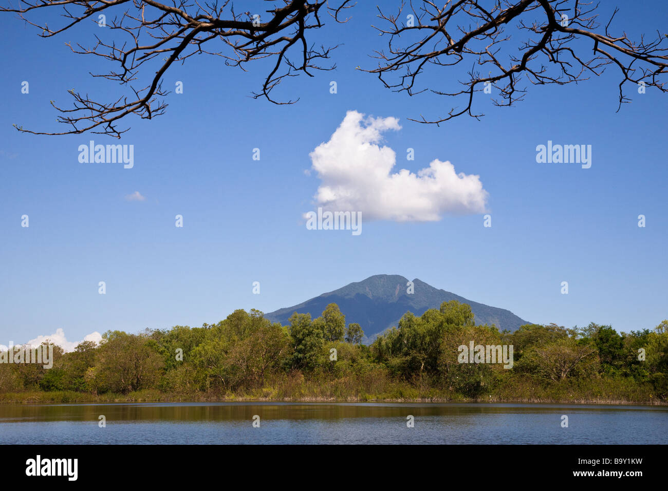 Maderas Volcano and the Green Lagoon from Charco Verde Nature Reserve, Ometepe Island on Lake Nicaragua or Cocibolca. Stock Photo