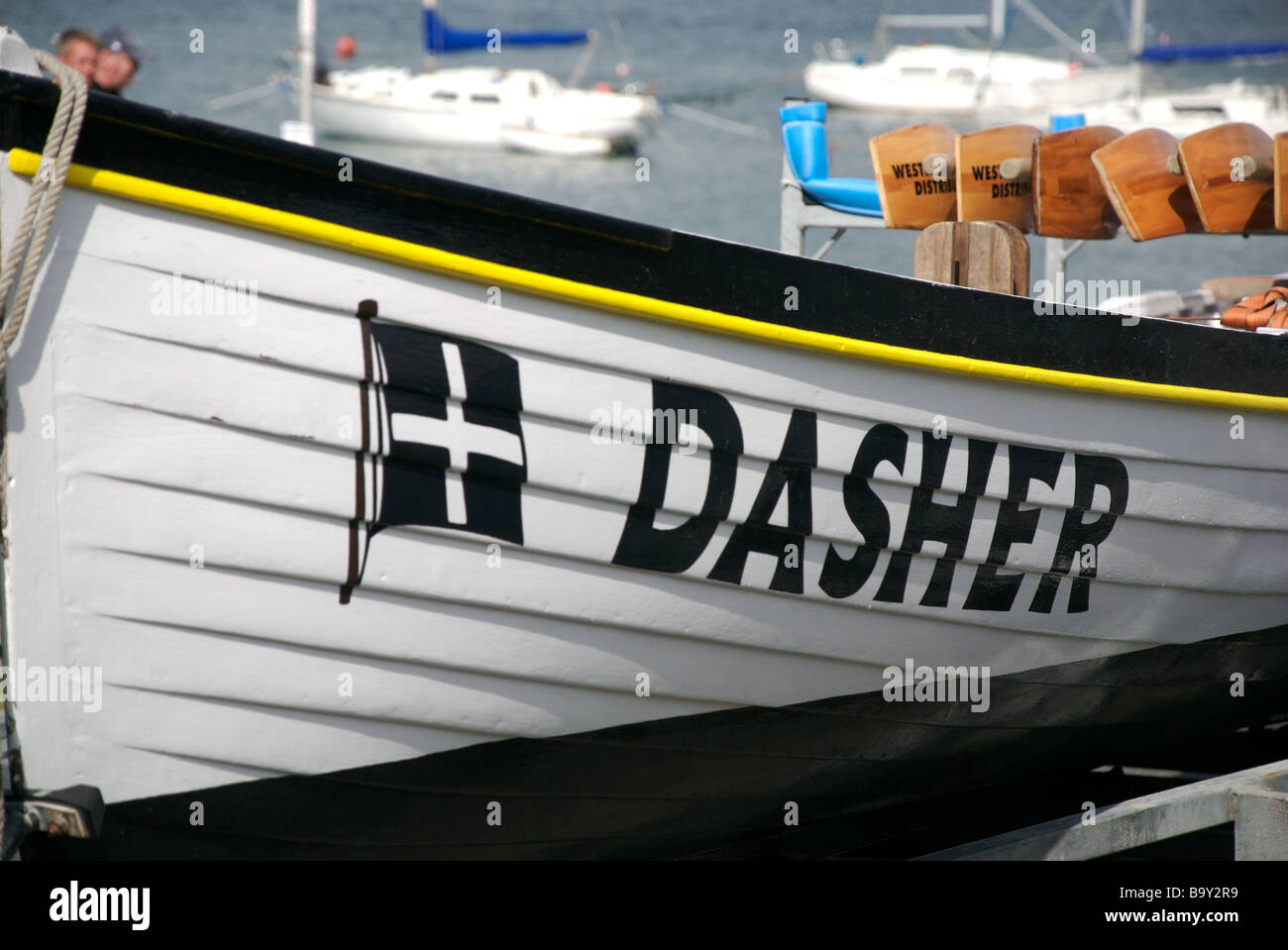Dasher name on a gig racing boat, Saltash, Cornwall, UK Stock Photo
