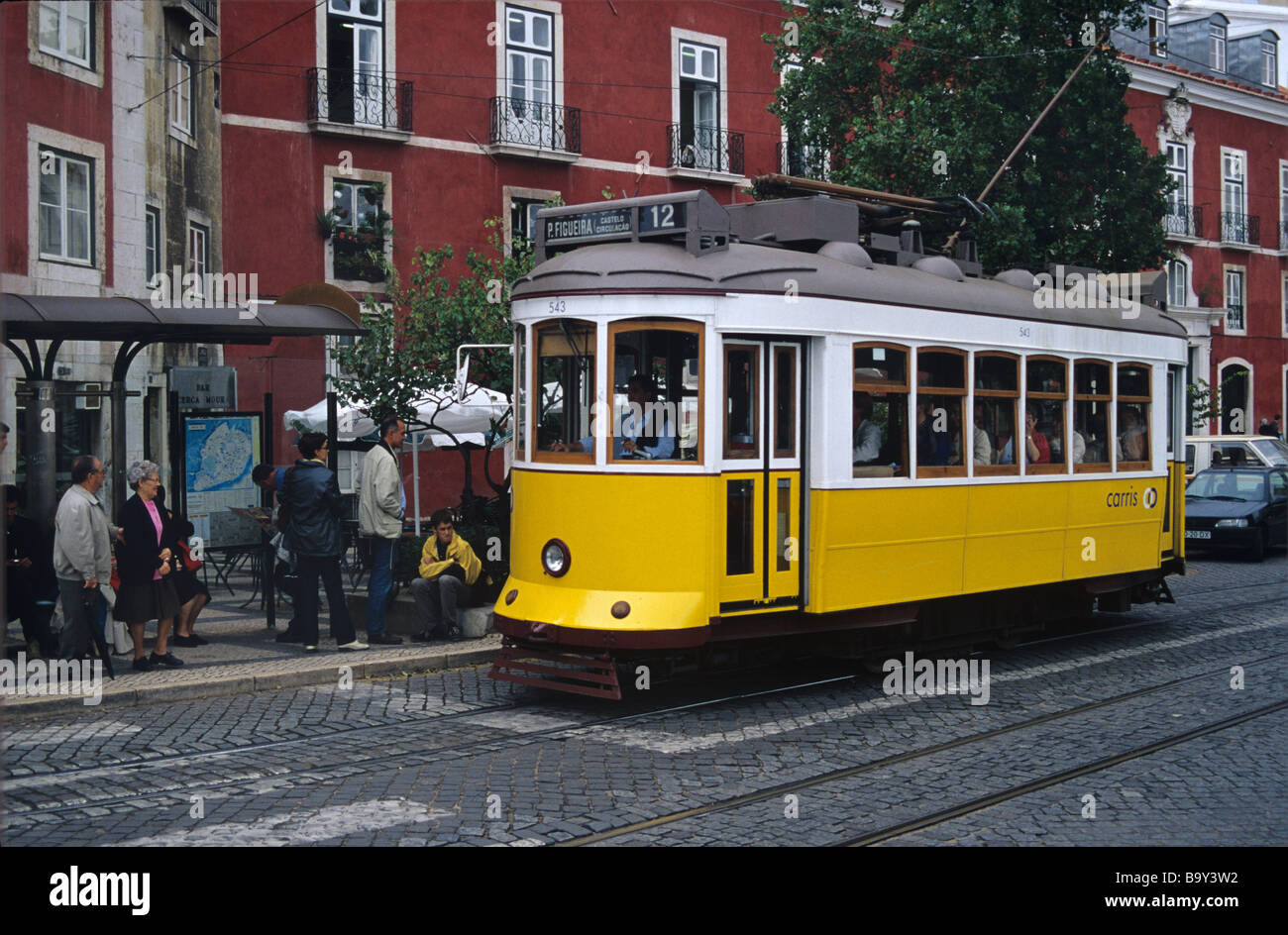 Tram (No 12) in front of the Museum of Decorative Arts, Alfama, Lisbon, Portugal Stock Photo