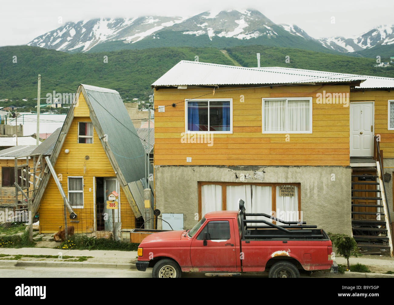 Small wooden houses in town of Ushuaia Tierra del Fuego Argentina South