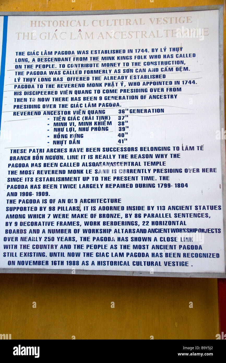 Information sign at the Giac Lam Pagoda Buddhist temple in Ho Chi Minh City Vietnam Stock Photo