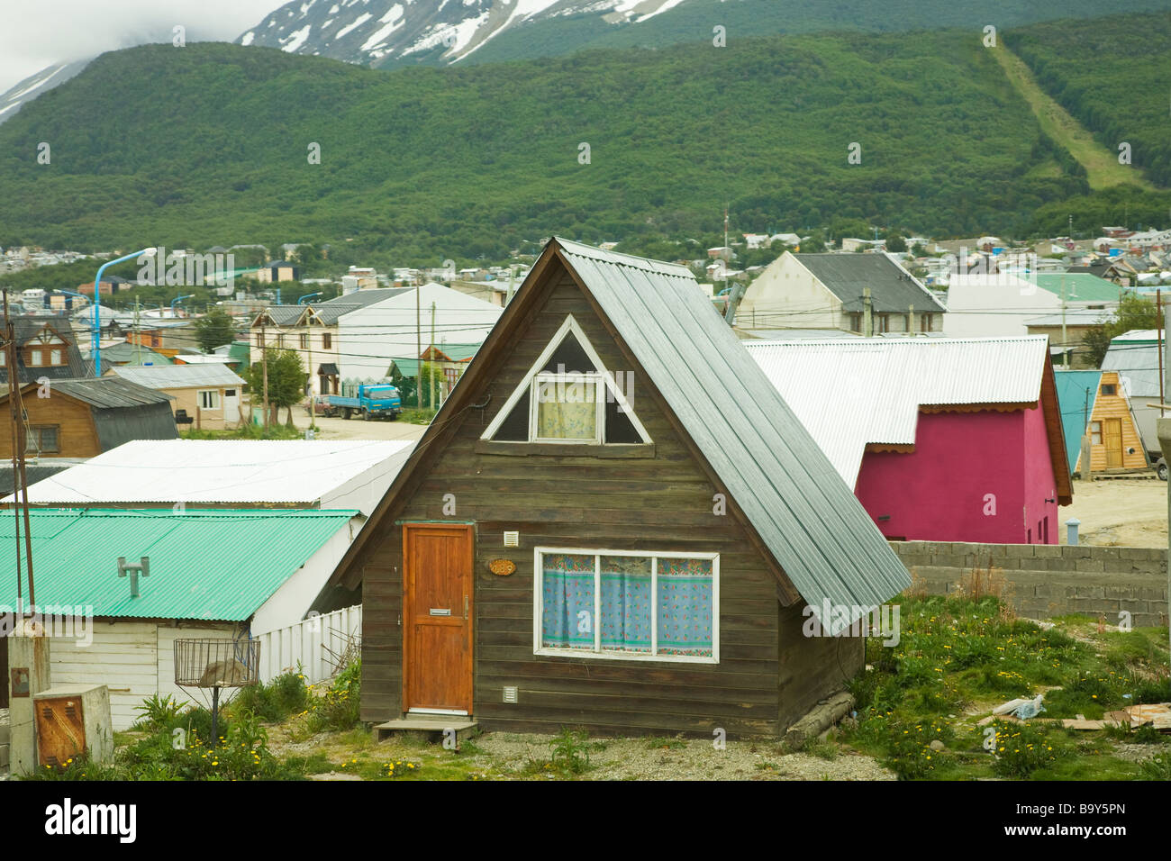 Small traditional wooden houses Ushuaia town Tierra del Fuego Argentina South America Stock Photo