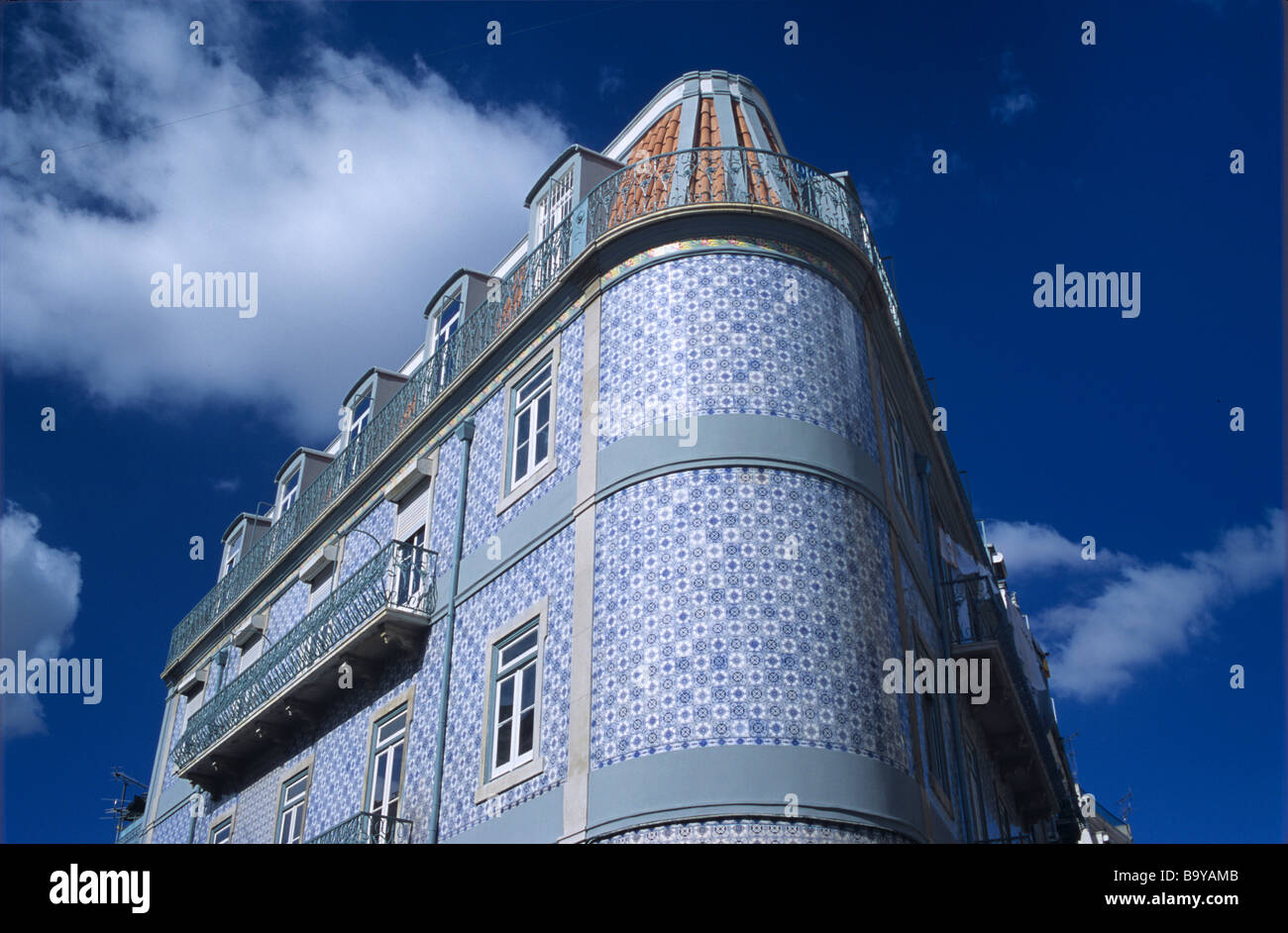 Rounded Corner & Facade of Apartment Building or Block Covered in Decorative Azulezos or Azulezo Wall Tiles, Graça, Lisbon, Portugal Stock Photo
