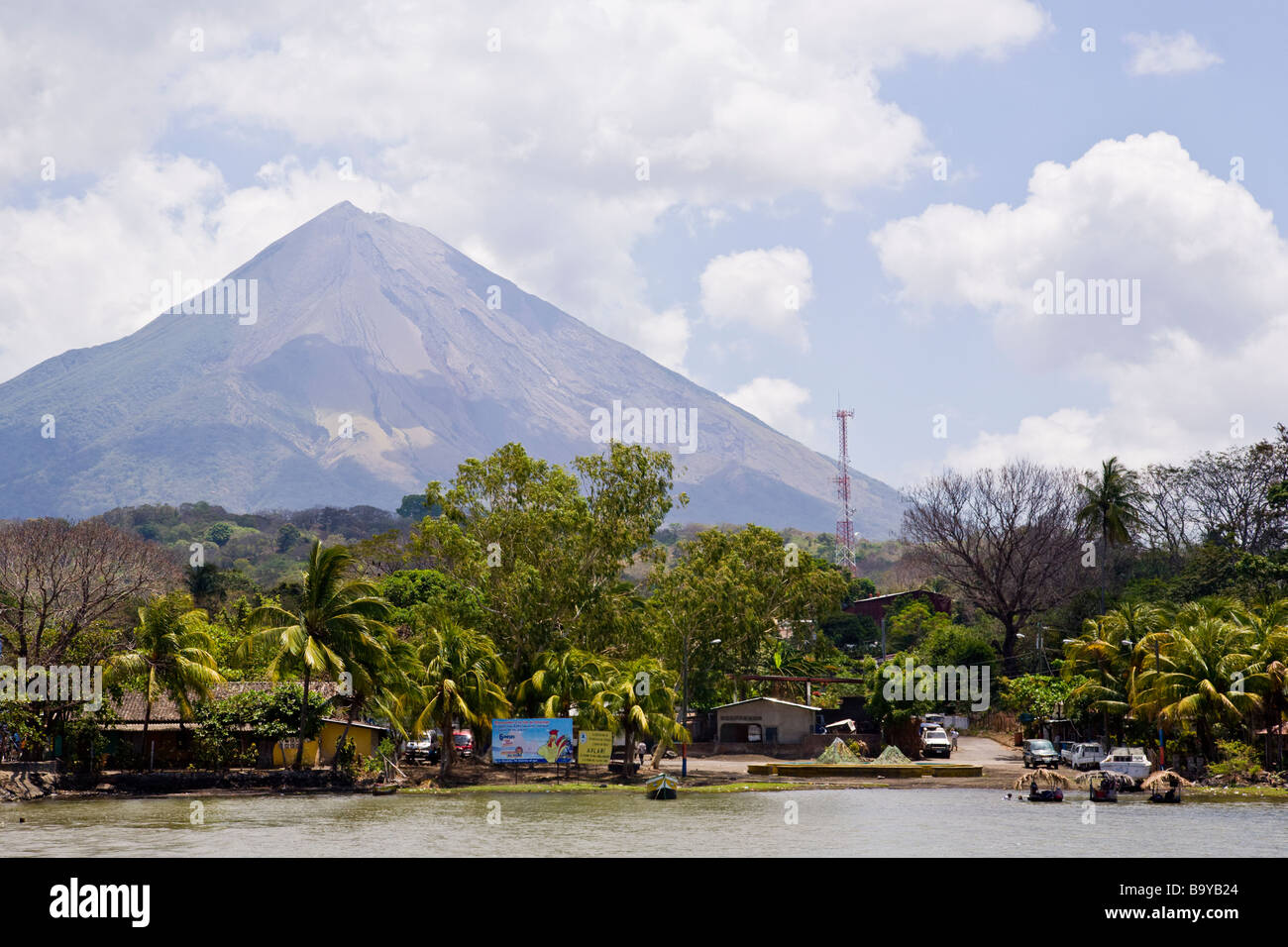 Volcano Concepcion and the town of Moyogalpa on Ometepe Island from Lake Nicaragua. Stock Photo