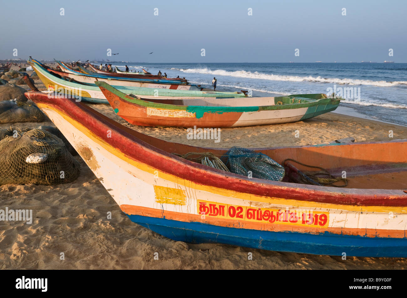 Fishing boats on Marina Beach Chennai Tamil Nadu India Stock Photo Alamy