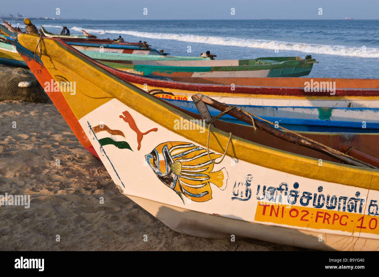 Fishing boats on Marina Beach Chennai Tamil Nadu India Stock Photo Alamy