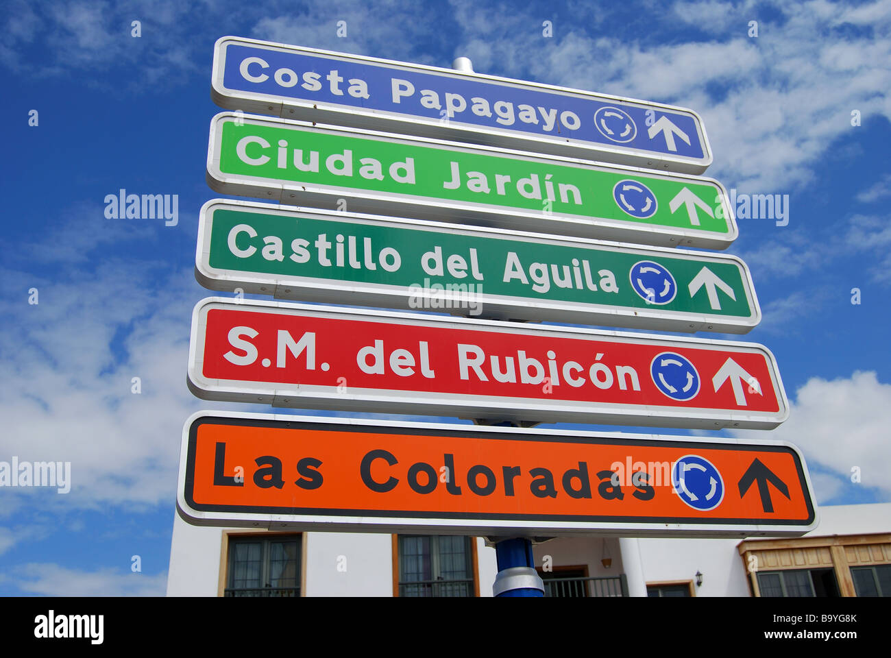 Resort signpost, Playa Blanca, Lanzarote, Canary Islands, Spain Stock Photo