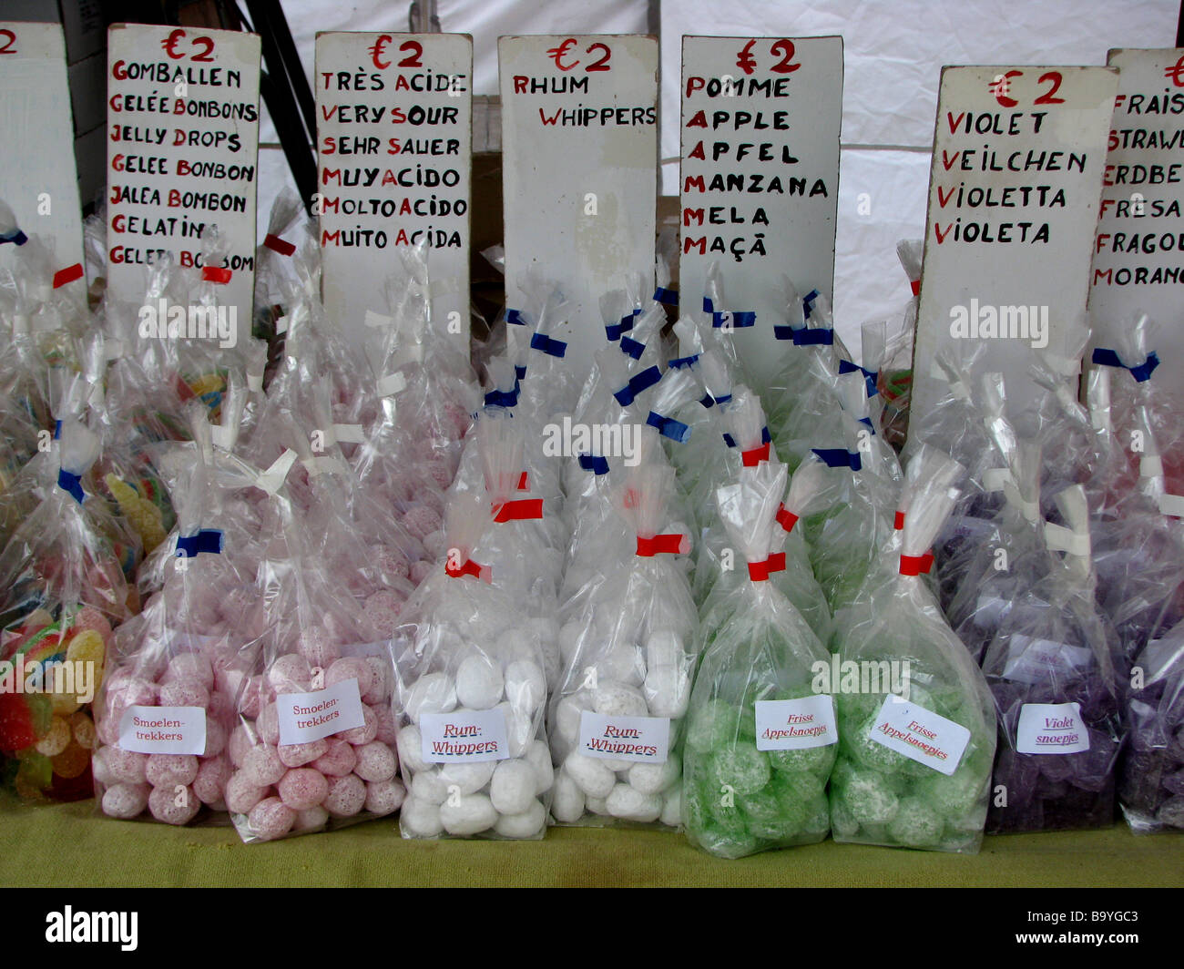 Homemade sweets for sale on a street market in Bruges, Belgium Stock