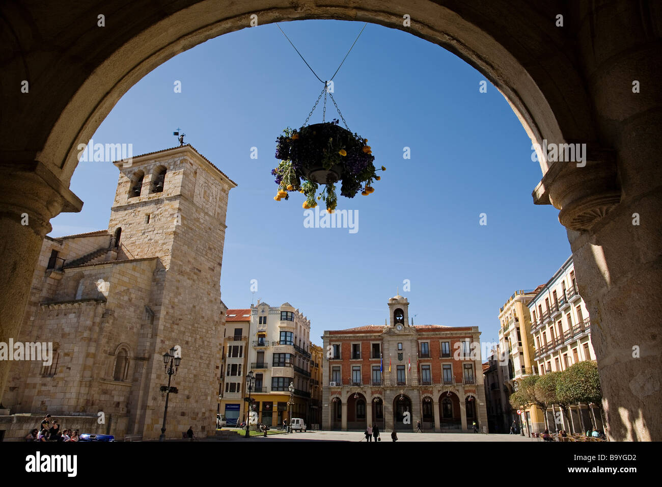 Romanesque Church of San Juan de Puerta Nueva City Hall and Plaza Mayor in Zamora Castilla Leon in Spain Stock Photo