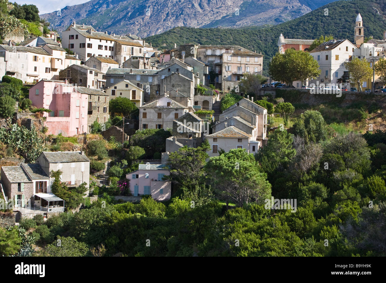 View to the village of Nonza Cap Corse Corsica France Stock Photo