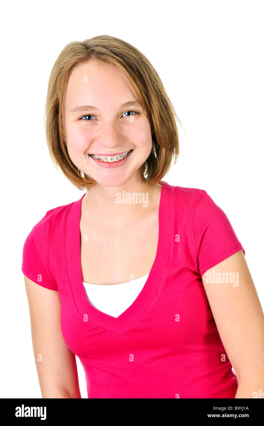 Isolated pretty teenage girl with braces smiling Stock Photo Alamy