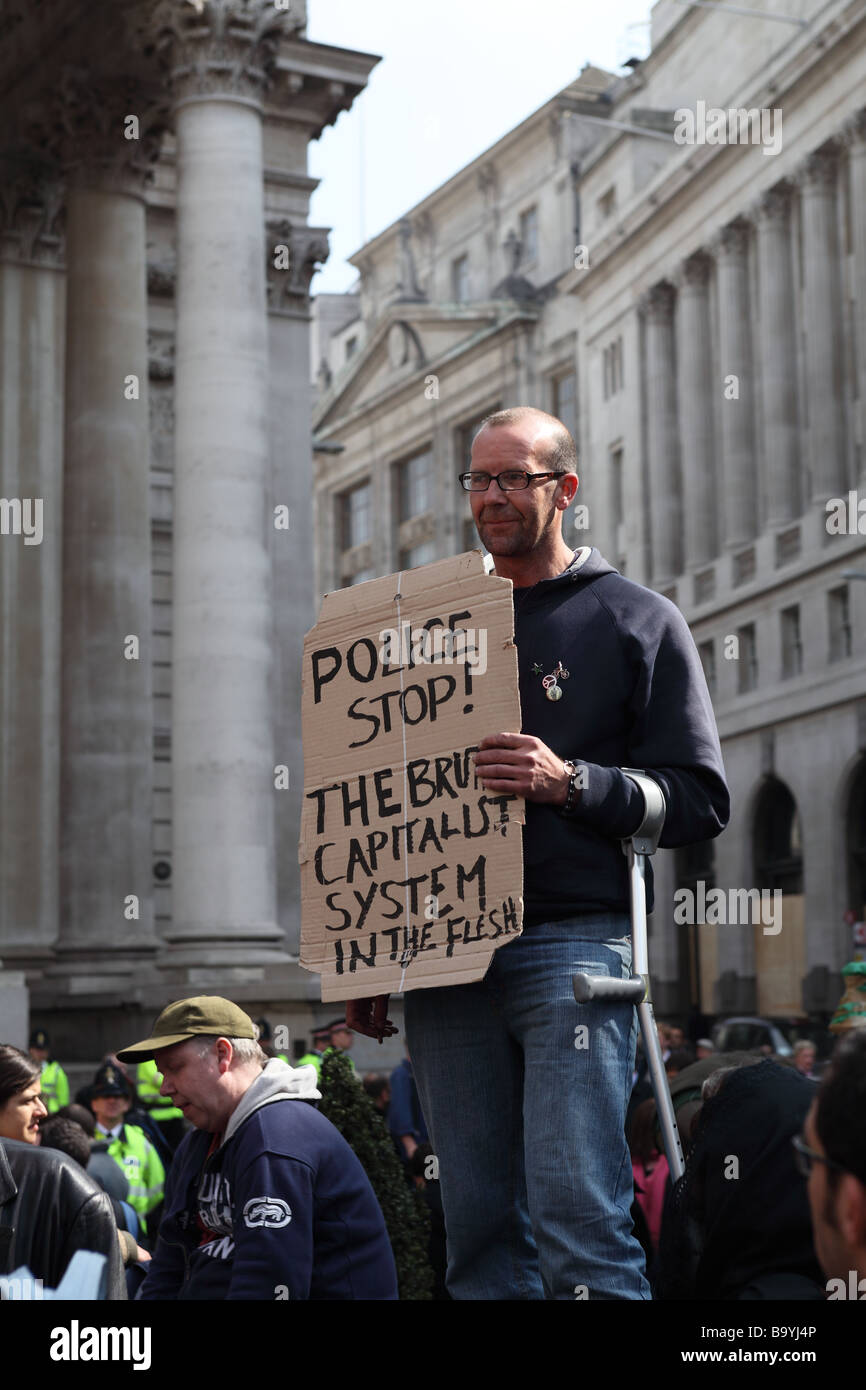 Protester outside the Bank of England during the 2009 G20 summit, London, UK. Stock Photo