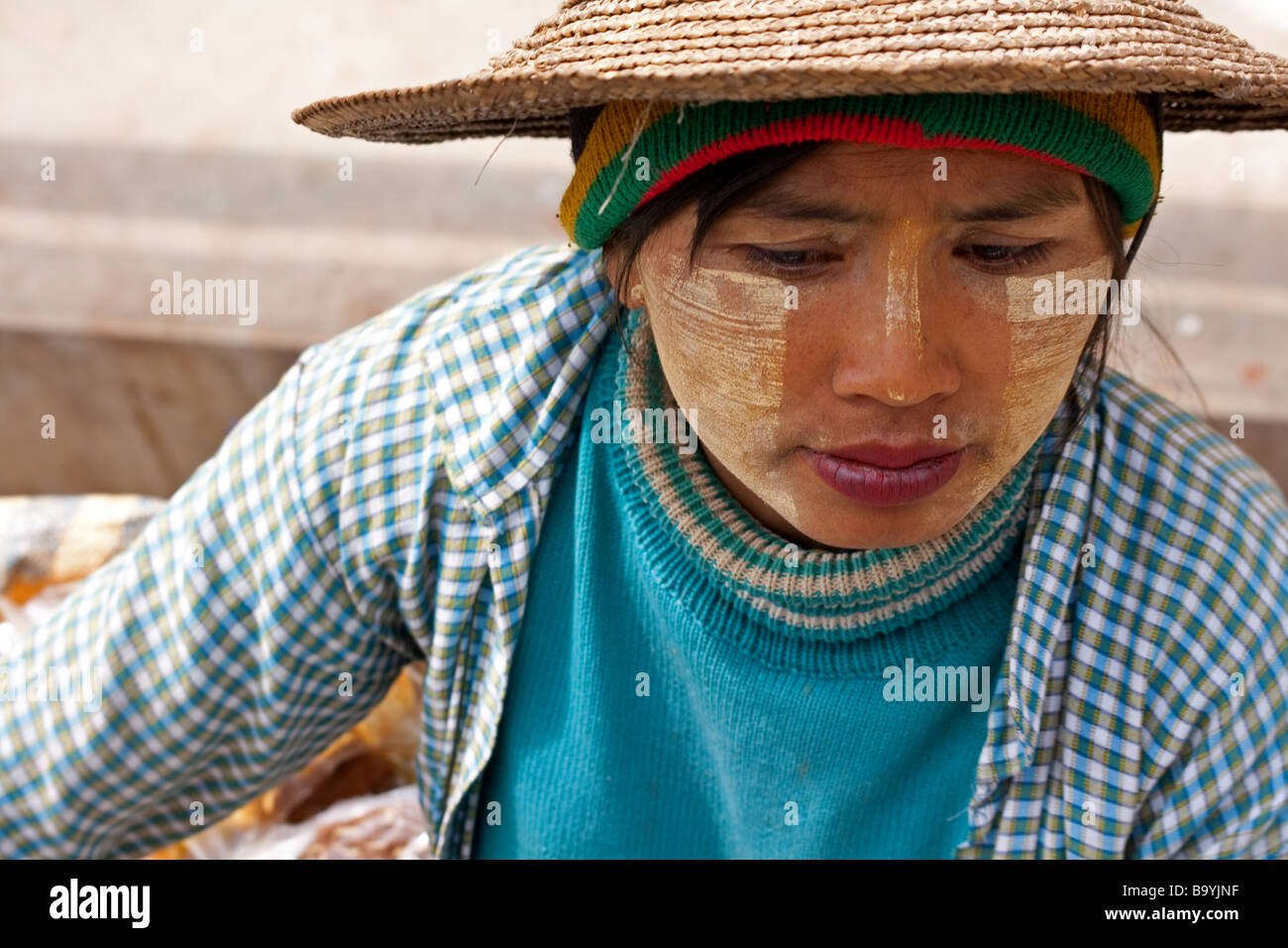 Bamar woman vendor in Shan State, Myanmar Stock Photo