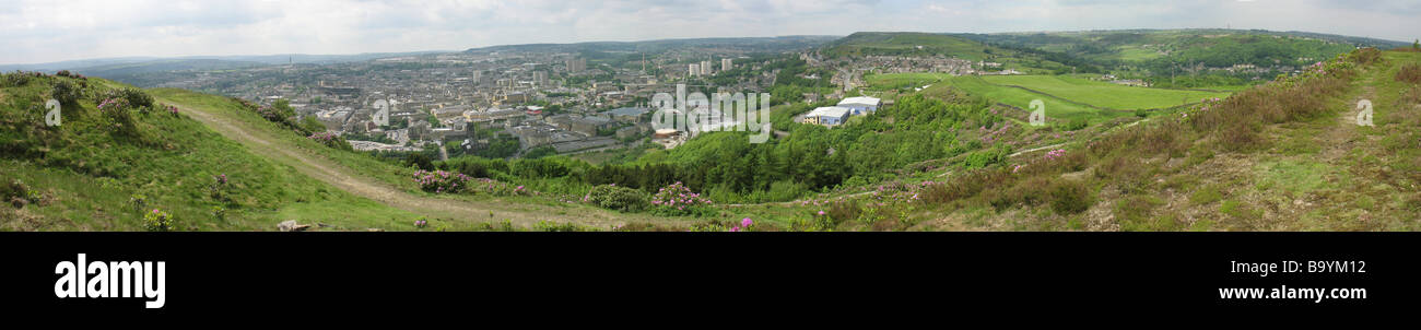 Halifax Panorama of the Town of Halifax West Yorkshire . When viewed at full resolution streets , buildings,roads visible Stock Photo
