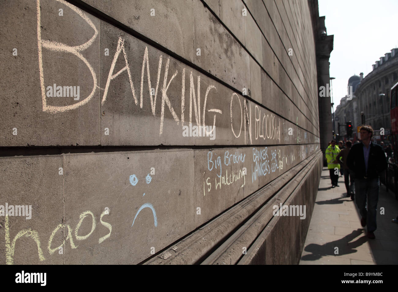 Graffiti outside the Bank of England drawn during the 2009 G20 summit, London, UK. Stock Photo