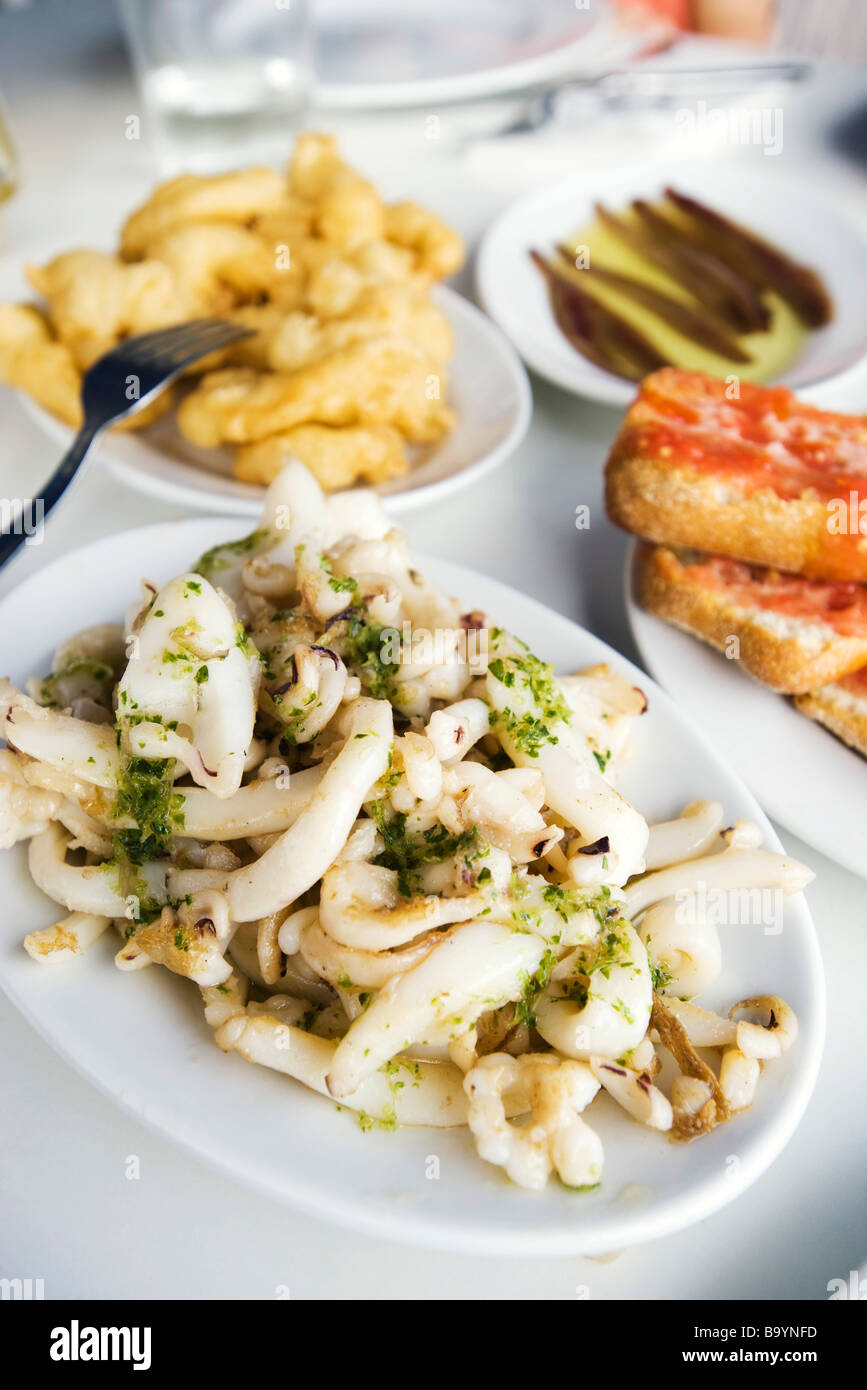 Calamari fried and steamed with other appetizers Stock Photo
