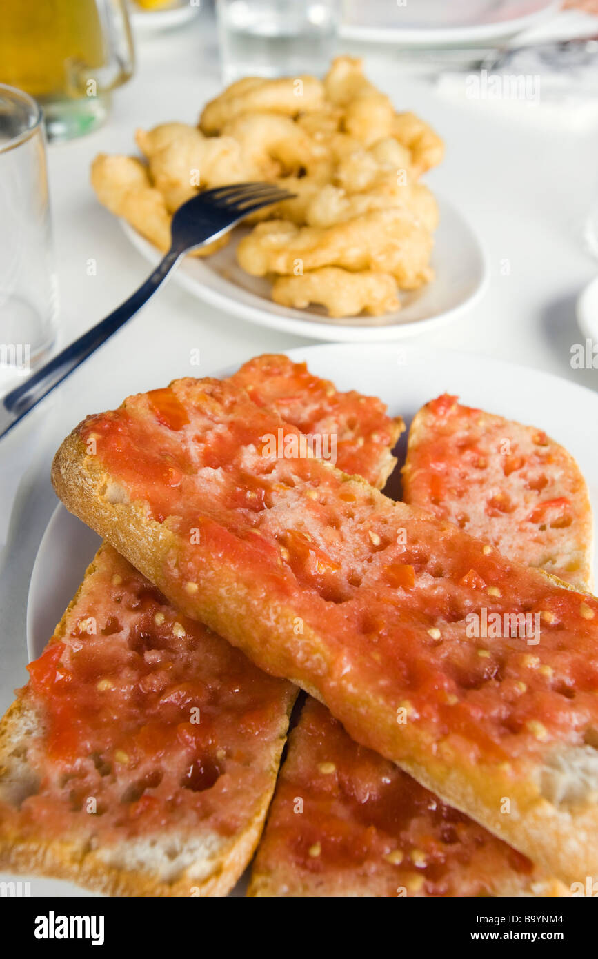 Focaccia bread, fried calamari Stock Photo