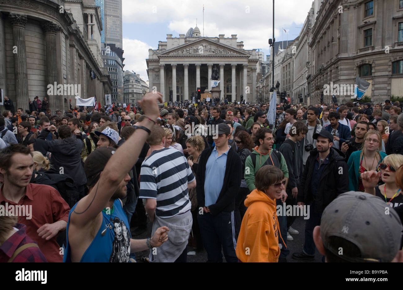 Crowd of protestors during anti-capitalist protest against G20 summit on London, April 1 2009 Stock Photo