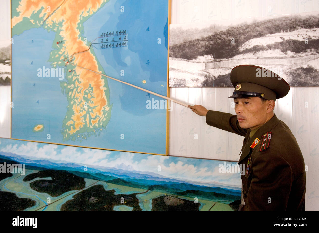 North Korean army officer explaining the theater of war near the 38th parallel in Panmumjom (DPRK, North Korea) Stock Photo