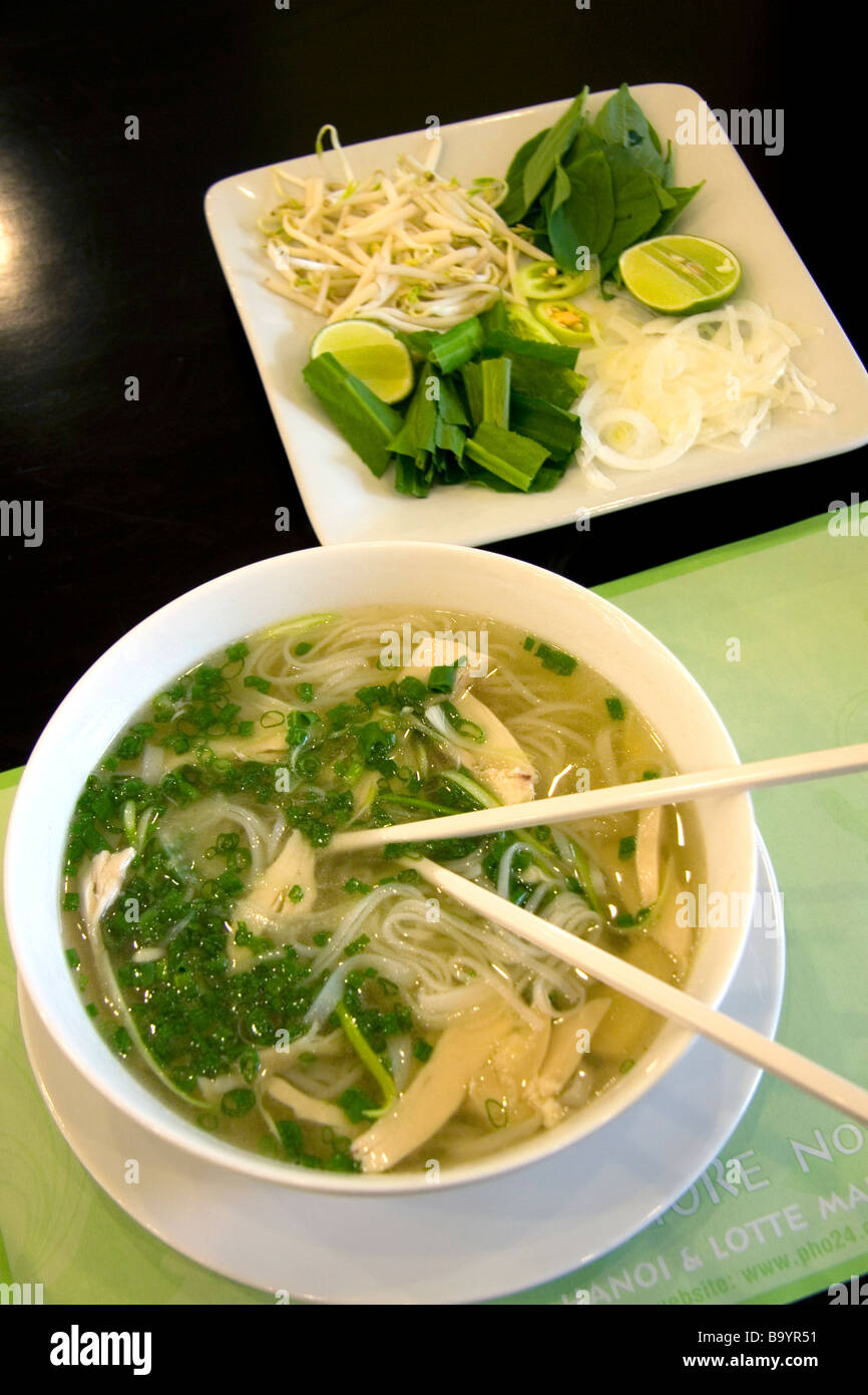 A bowl of Pho Vietnamese rice noodle soup at a restaurant in Ho Chi