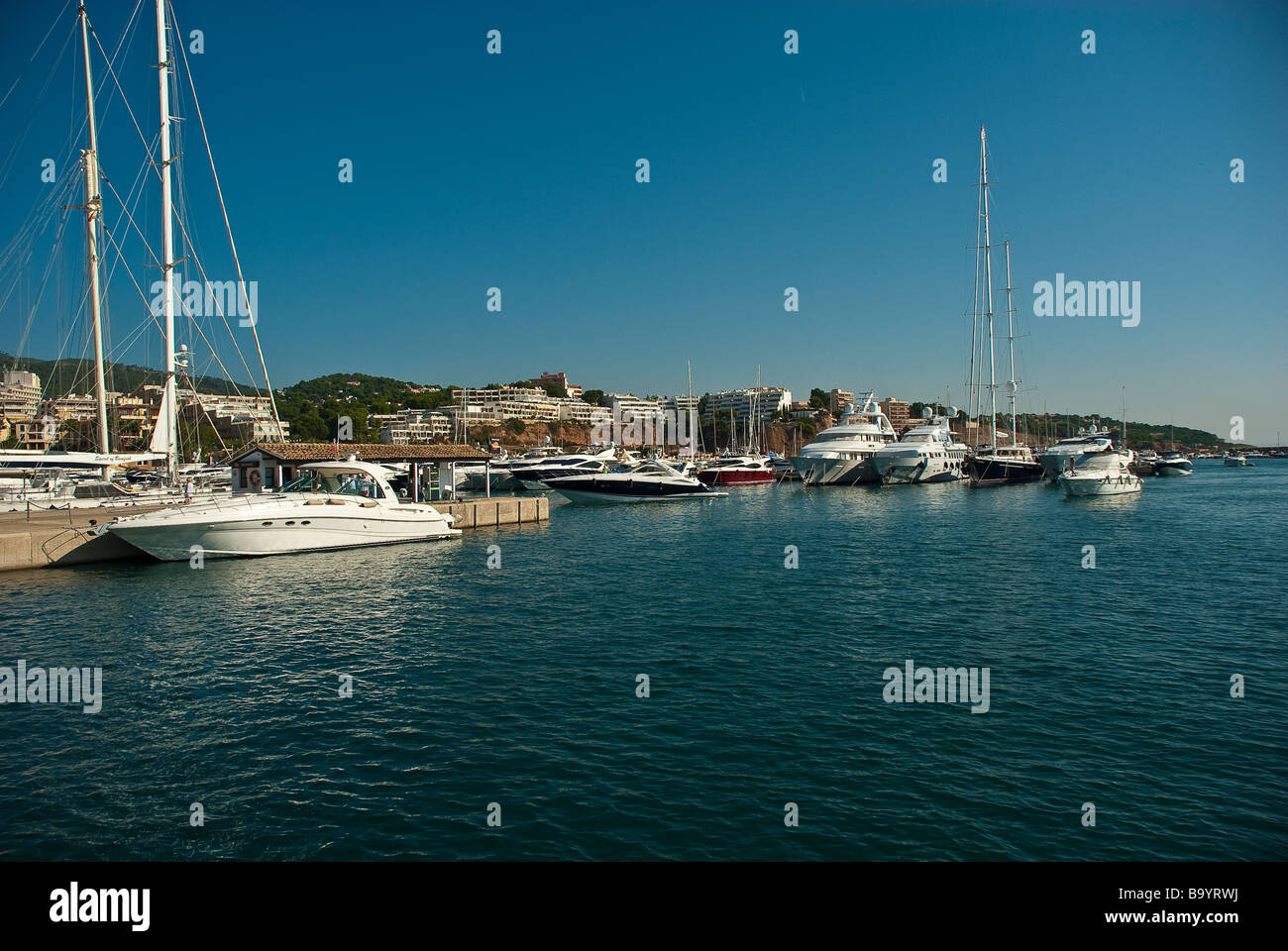 Yachts in harbor Puerto Portals Majorca Baleares Spain | Yachten im Hafen von Puerto Portals Mallorca Balearen Spanien Stock Photo