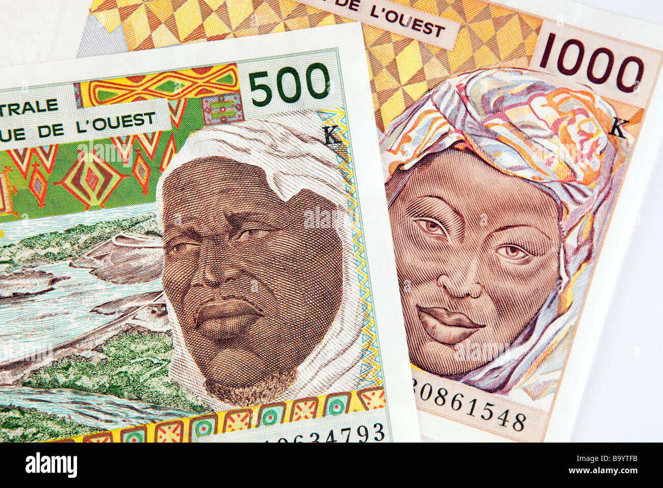 Money currency detail of Senegalese 500 and 1000 West African CFA Franc banknotes Stock Photo