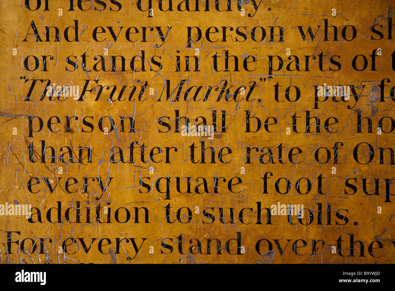Historic 'Rules, orders and bylaws' public notice in Covent Garden Market, London Stock Photo