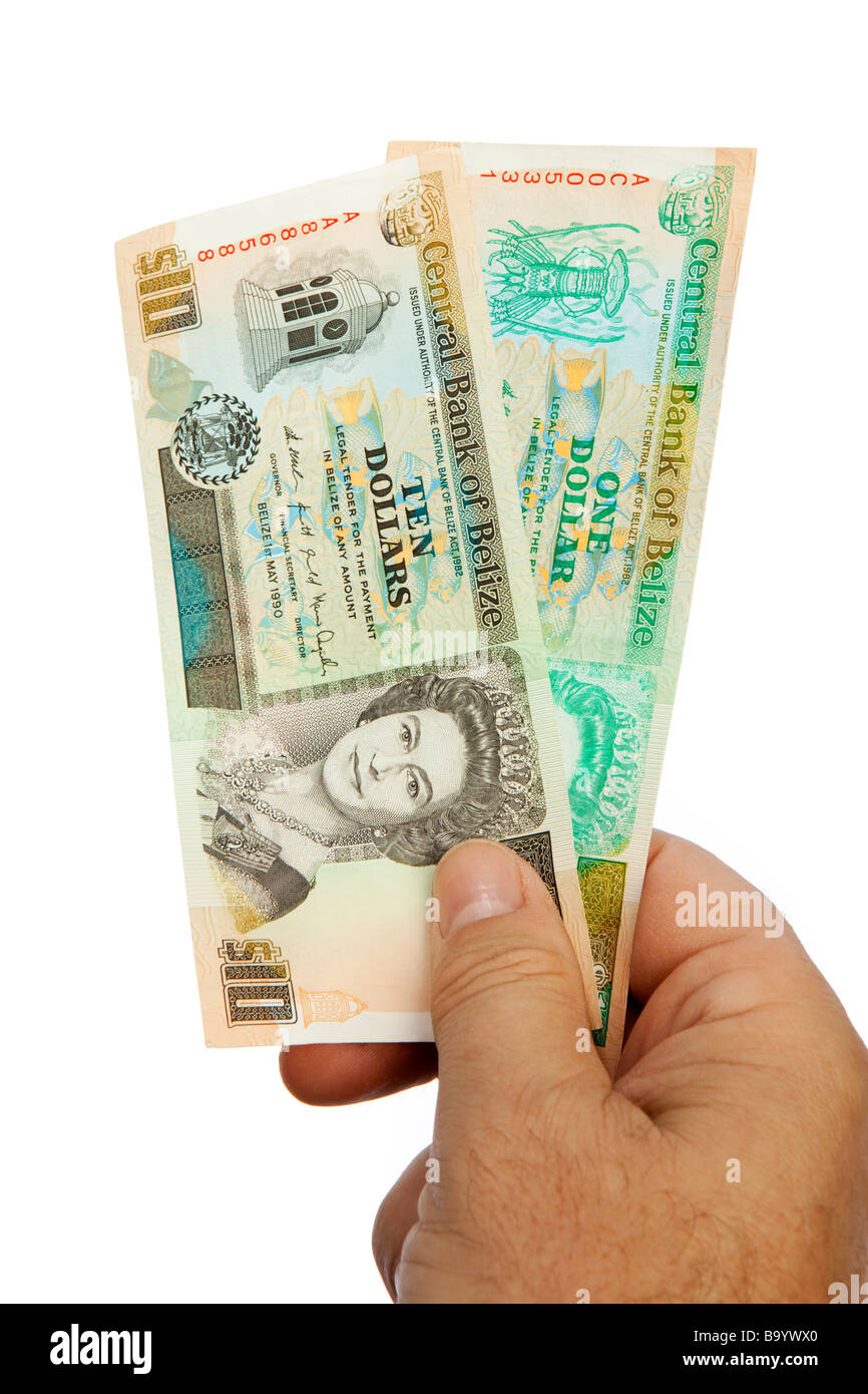 Money male hand holding handful of Belizean currency Stock Photo