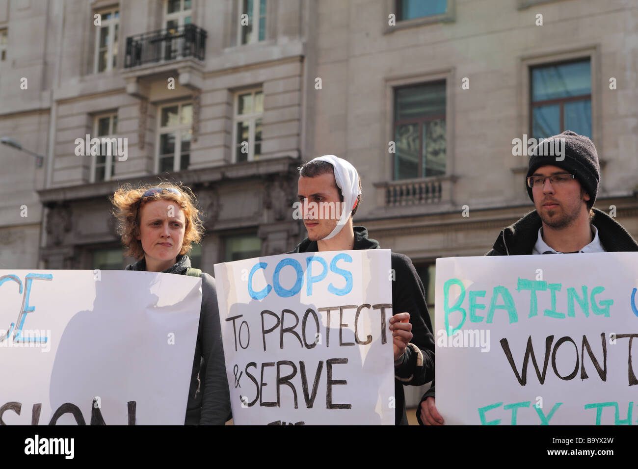 Protesters outside the Bank of England during the 2009 G20 summit, London, UK. Stock Photo