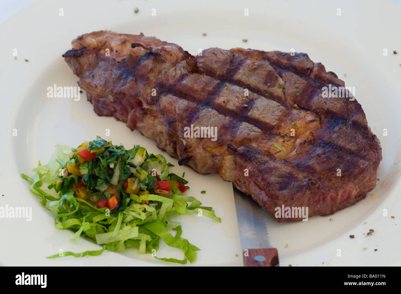 Detail of a juicy prime rib entrecote steak with vegetable salad Stock Photo