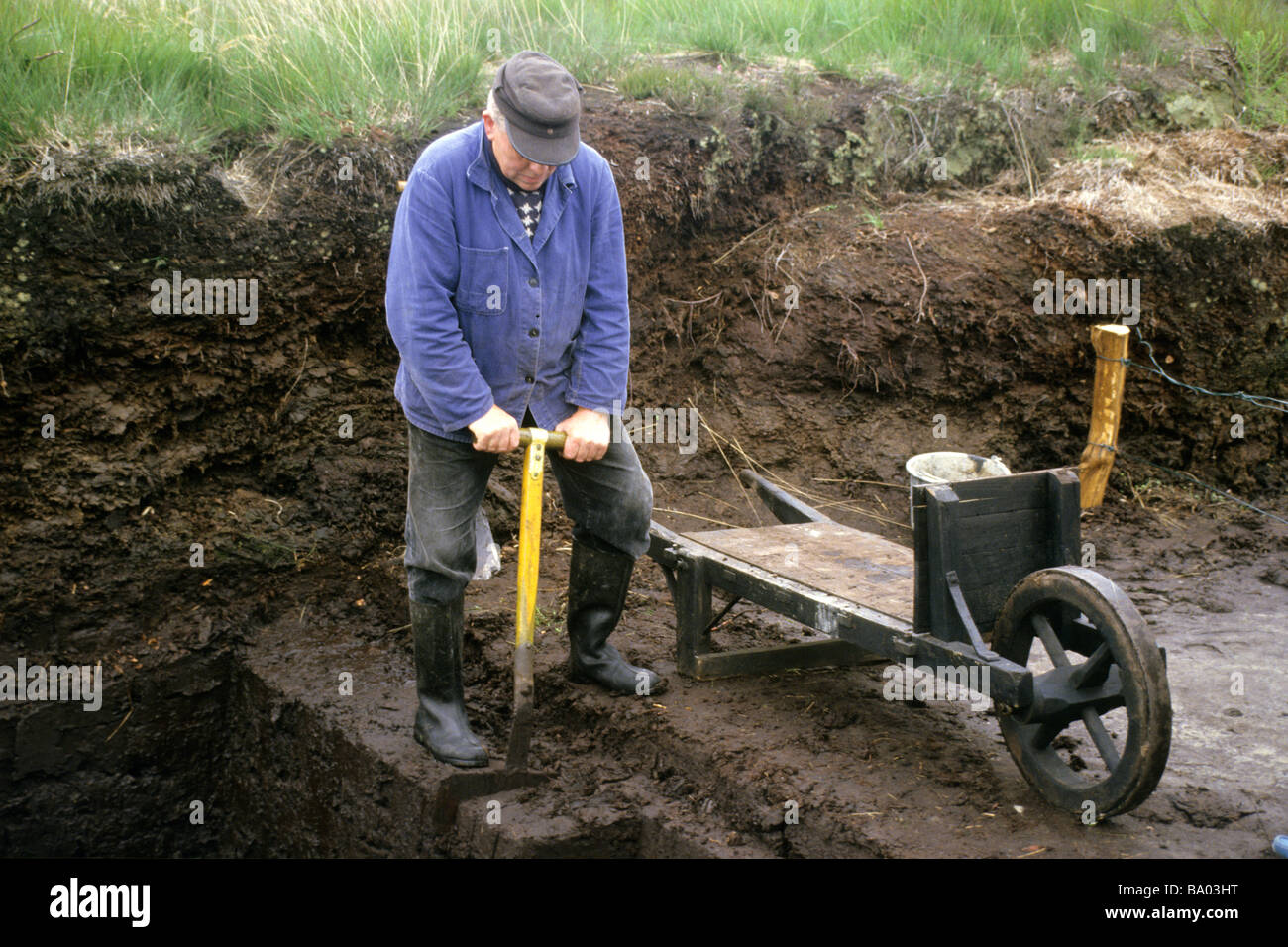 Worker cutting peat Stock Photo