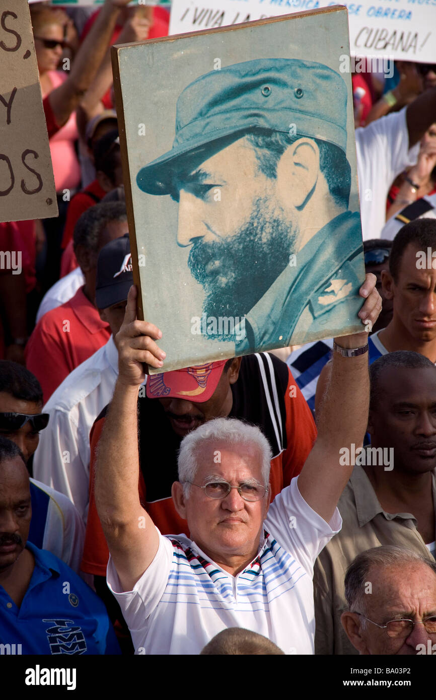 Man marching on May Day and showing his support to Fidel Castro in Havana, Cuba Stock Photo