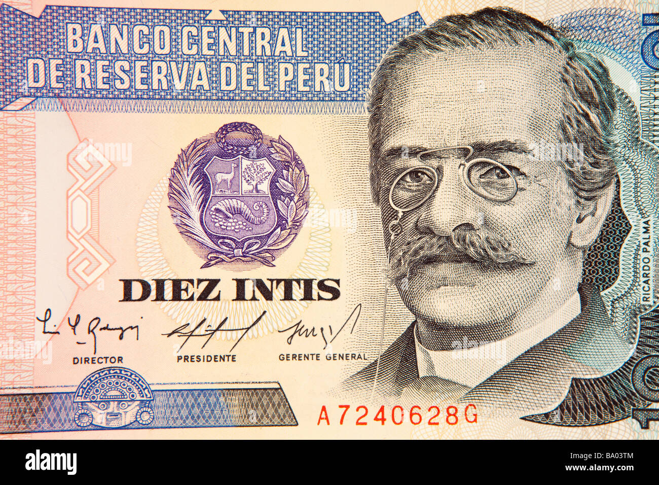 Money Peru currency detail of Peruvian 10 Inti banknote Stock Photo