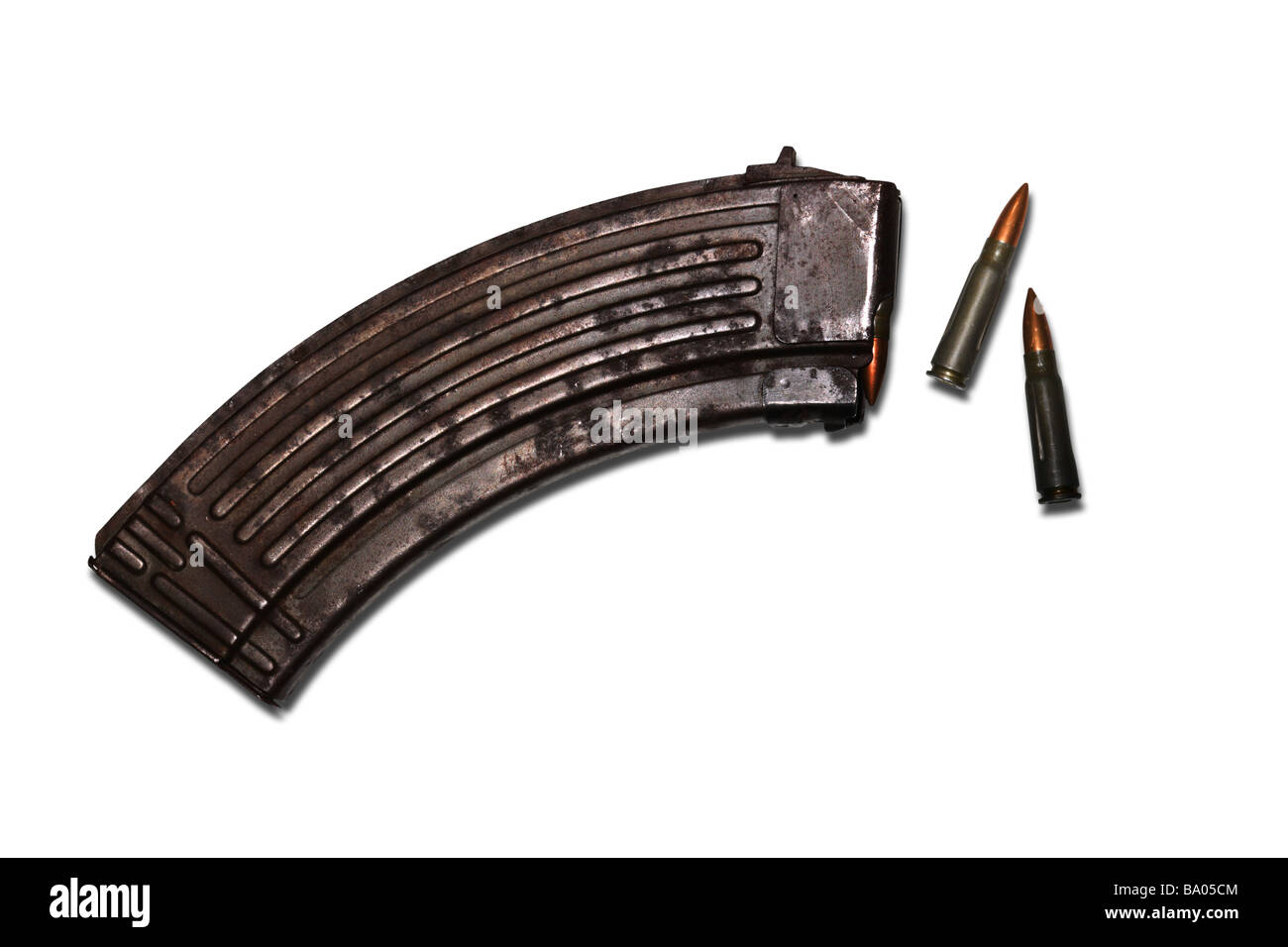 AK47 machine gun clip with rounds on white background Stock Photo