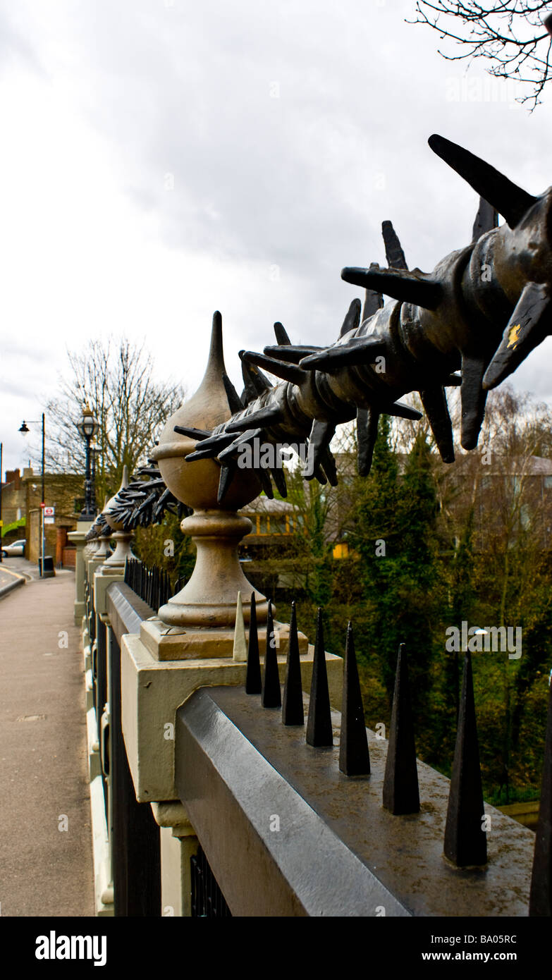 Sideview of decorative railing on victorian Hornsey lane bridge North London , This bridge  traverses the Archway Rd. Stock Photo