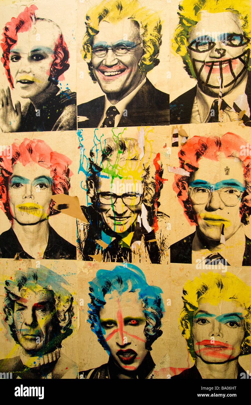 Warhol like xerox photos of celebrities (including Andy Warhol) mimic silkscreen art on a wall in the Latin Quarter of Paris Stock Photo