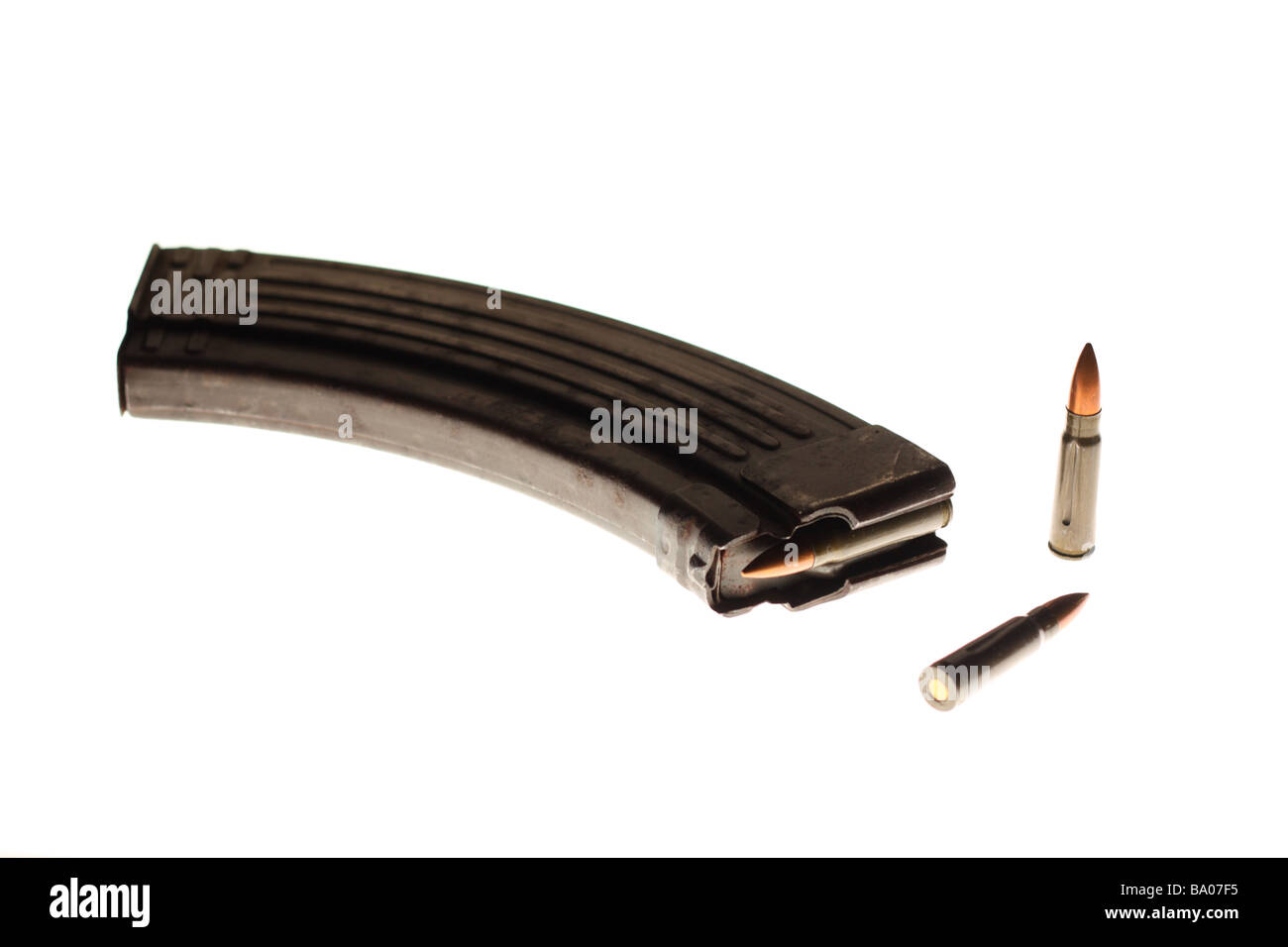 AK47 machine gun clip with rounds on white background Stock Photo
