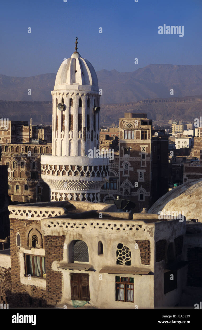 Talha Mosque Minaret & Adobe Mud Brick Tower Houses & View over Sana'a or San'a, Republic of Yemen Stock Photo